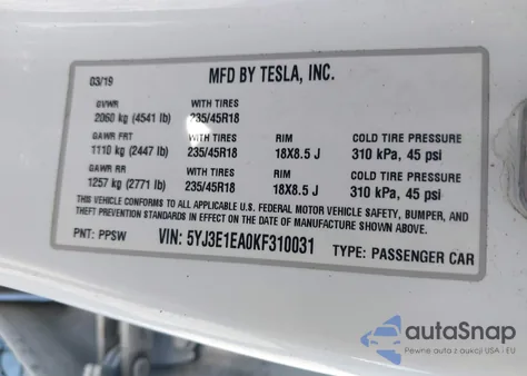 2019 Tesla Model 3 Long Range/Mid Range/Standard Range/Standard Range Plus из США, поврежденный, VIN 5YJ3E1EA0KF310031